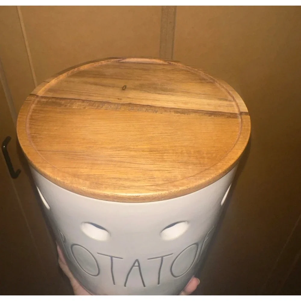 Rae Dunn Potatoes Ceramic Cellar Canister with Wood Lid White Farmhouse Magenta